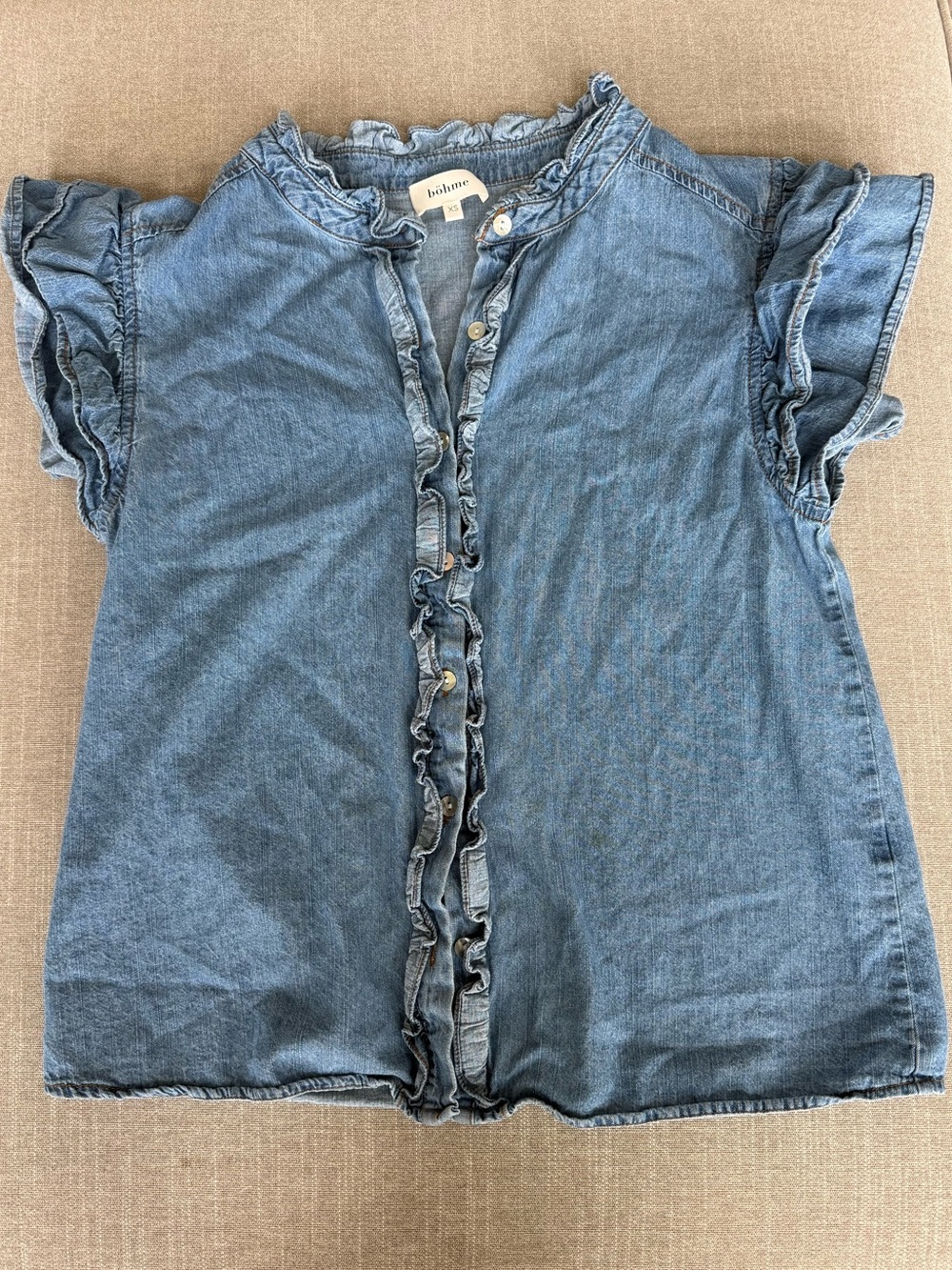 Bohme Light Blue Denim Ruffle Button-Front Blouse